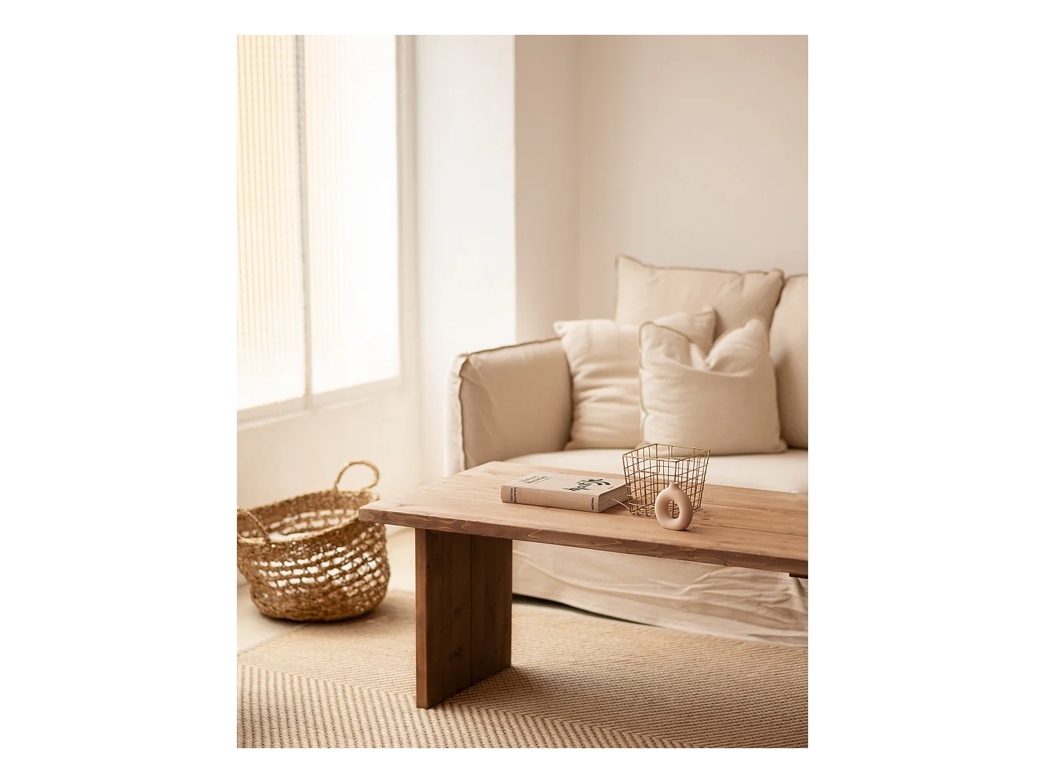 Mesa de centro rectangular de madera de pino Decowood de dos patas en color roble oscuro de 120x60cm - FRIDA - DECOWOOD