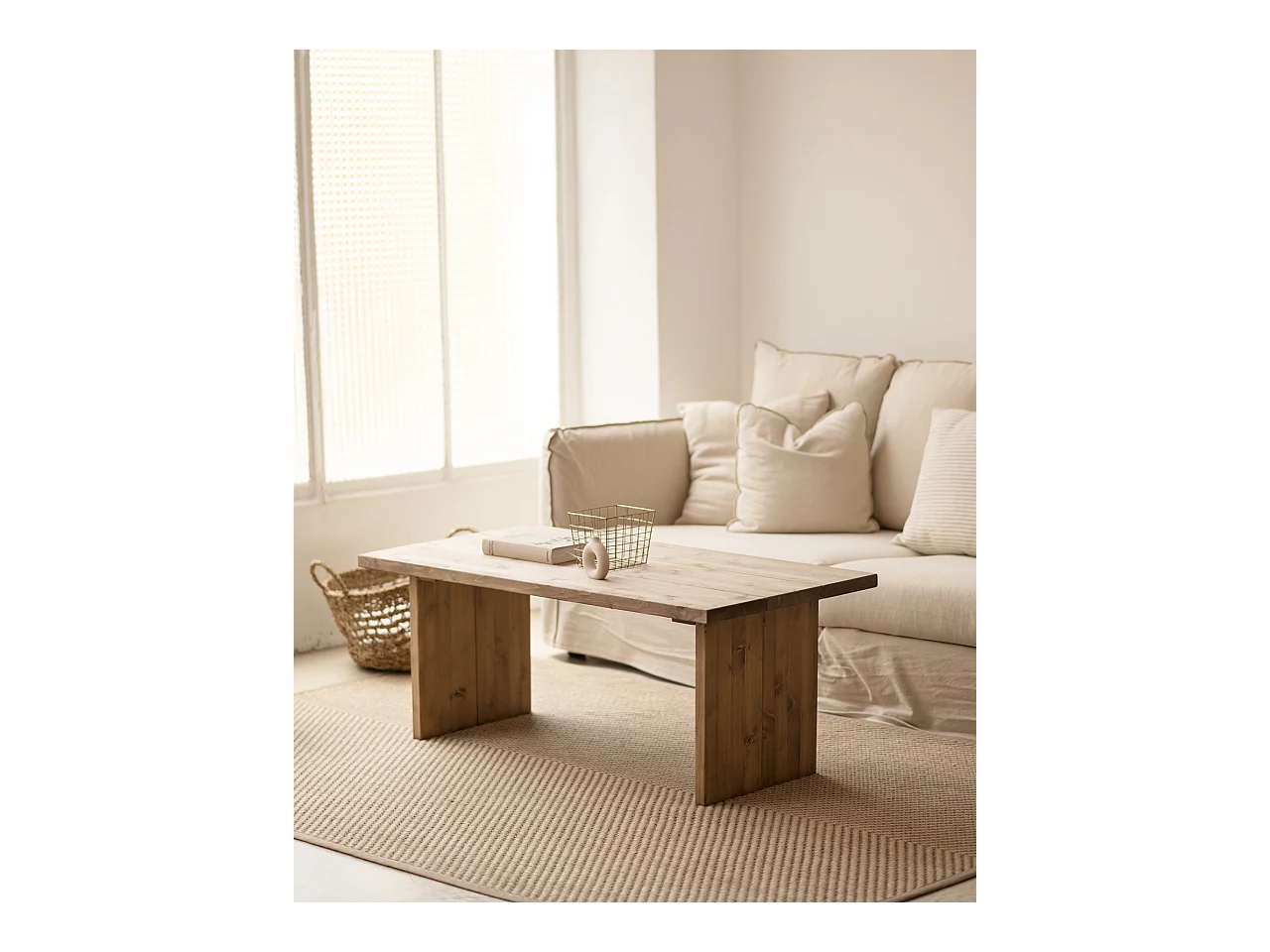 Mesa de centro rectangular de madera de pino Decowood de dos patas en color roble oscuro de 120x60cm - FRIDA - DECOWOOD