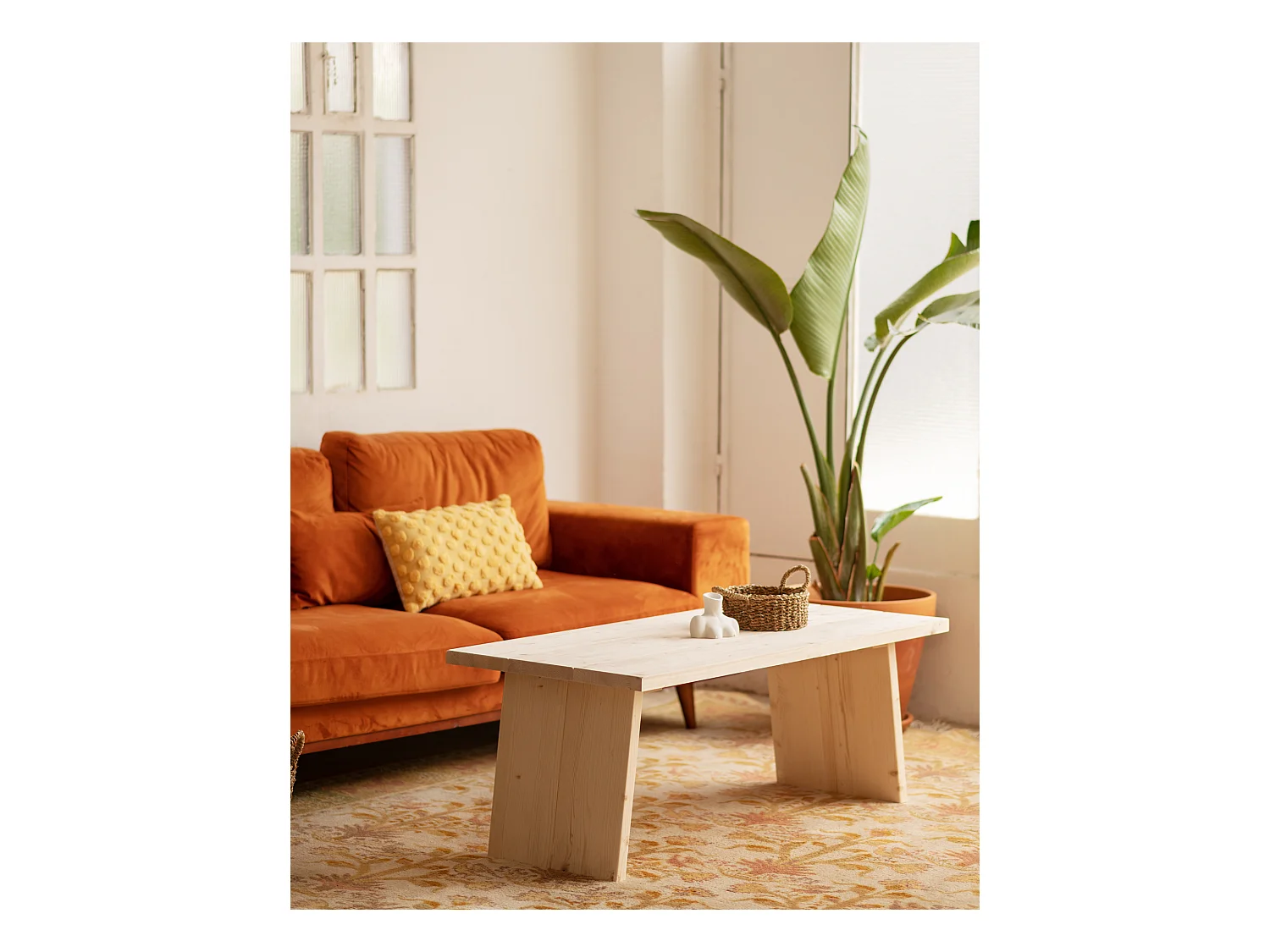 Mesa de centro rectangular de madera de pino Decowood de dos patas en color natural de 120x60cm - FRIDA - DECOWOOD