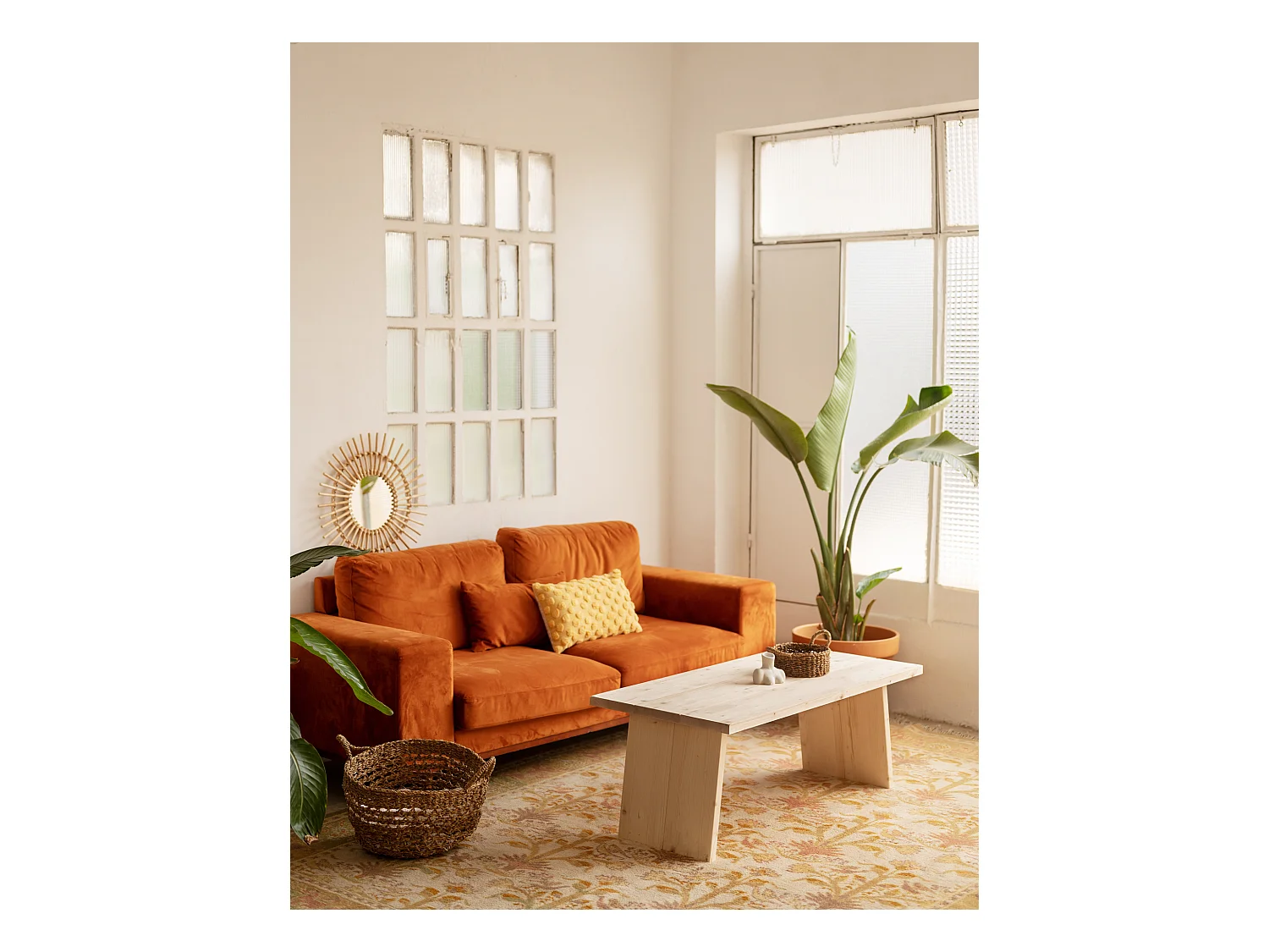 Mesa de centro rectangular de madera de pino Decowood de dos patas en color natural de 120x60cm - FRIDA - DECOWOOD