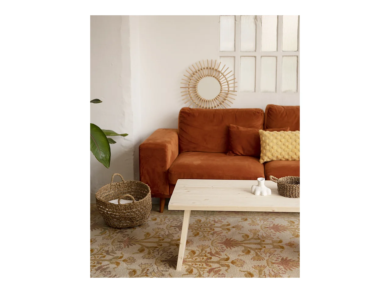 Mesa de centro rectangular de madera de pino Decowood de dos patas en color natural de 120x60cm - FRIDA - DECOWOOD