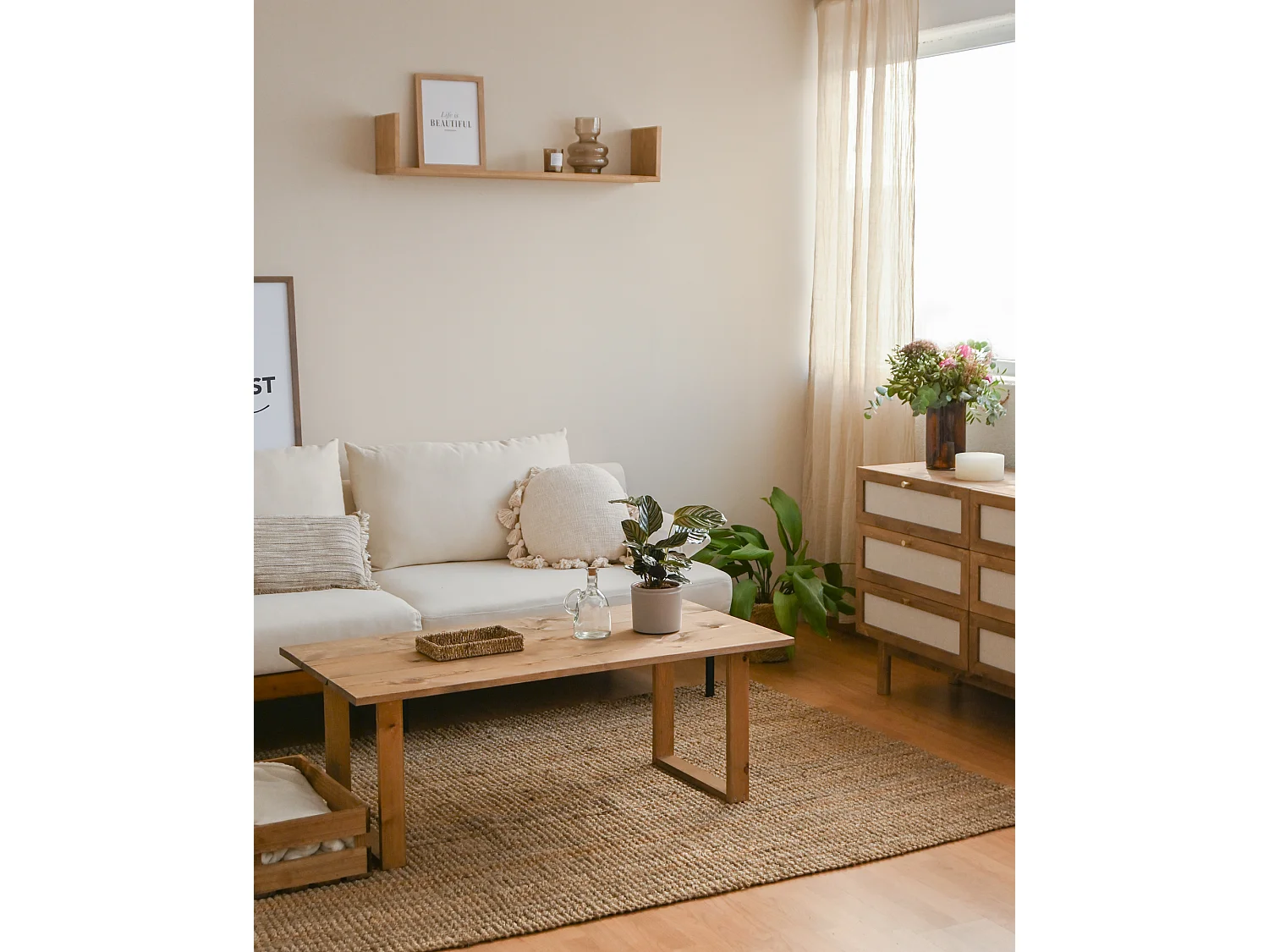 Table basse en bois de pin vieilli 120x45cm - BIELSA - DECOWOOD