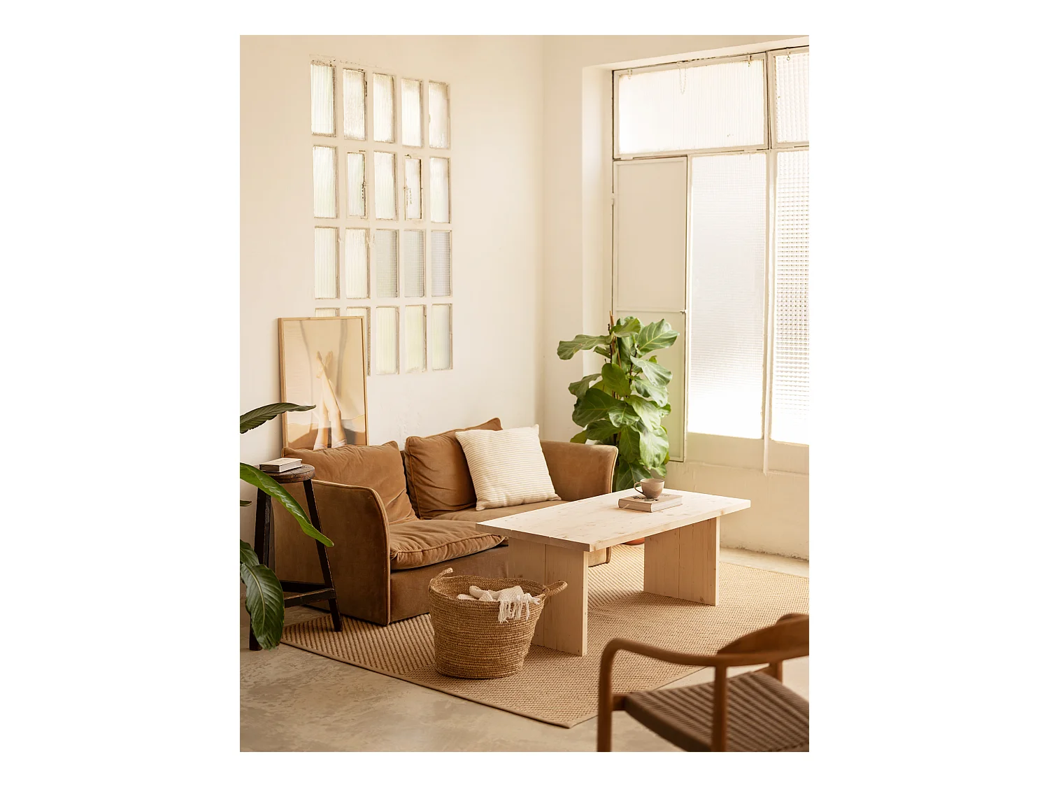 Mesa de centro rectangular de madera de pino Decowood de dos patas en color natural de 120x60cm - FRIDA - DECOWOOD