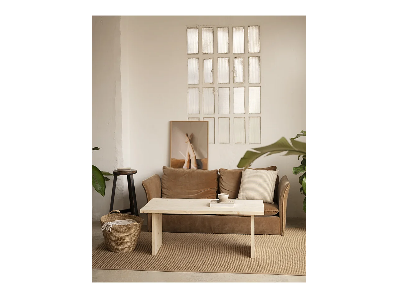 Mesa de centro rectangular de madera de pino Decowood de dos patas en color natural de 120x60cm - FRIDA - DECOWOOD