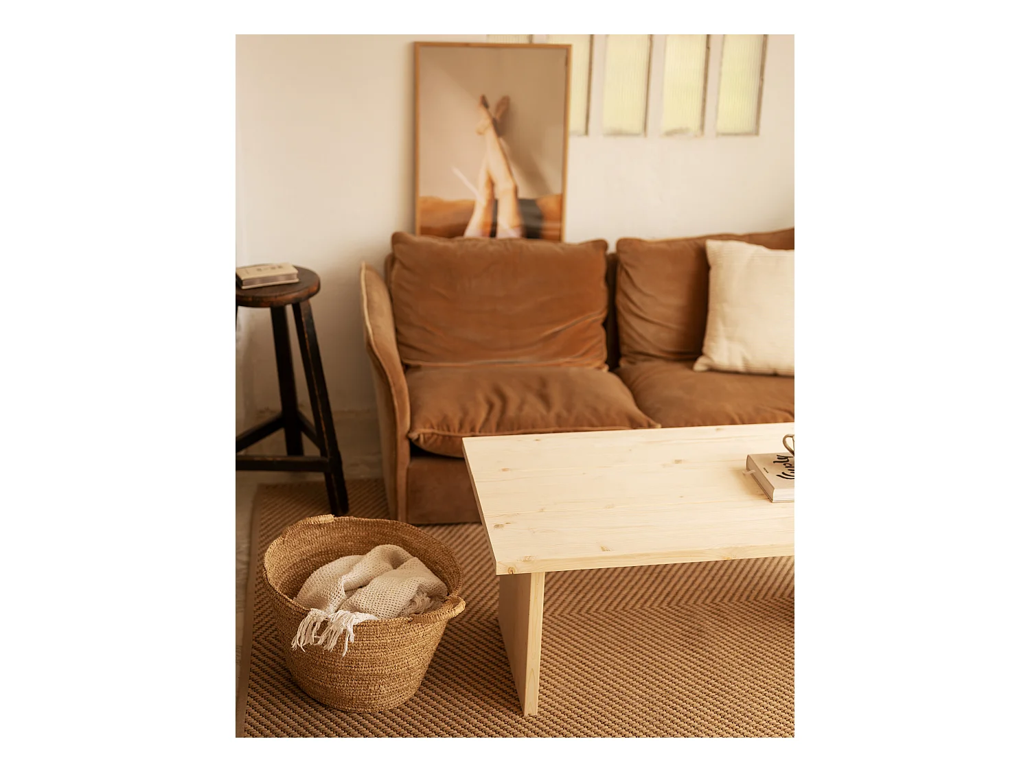 Mesa de centro rectangular de madera de pino Decowood de dos patas en color natural de 120x60cm - FRIDA - DECOWOOD