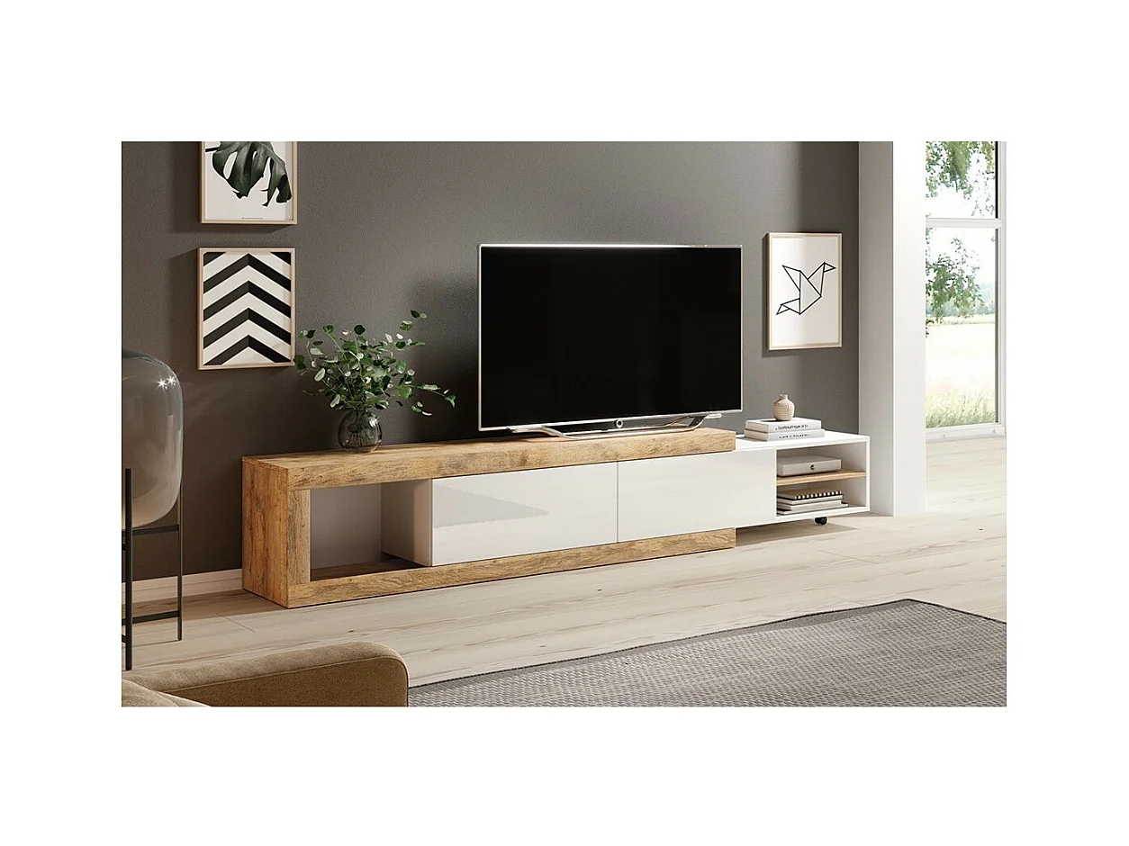 Mobile TV estensibile da 200 a 240 cm di colore rovere e bianco lucido, collezione SINATRA.