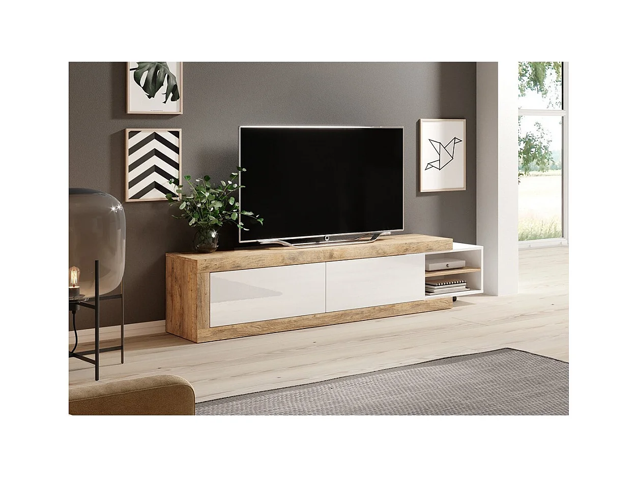 Mobile TV estensibile da 200 a 240 cm di colore rovere e bianco lucido, collezione SINATRA.