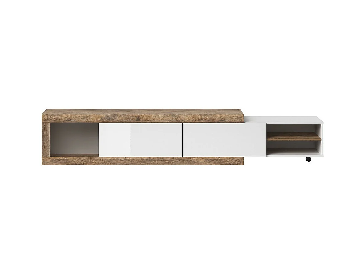 Mobile TV estensibile da 200 a 240 cm di colore rovere e bianco lucido, collezione SINATRA.