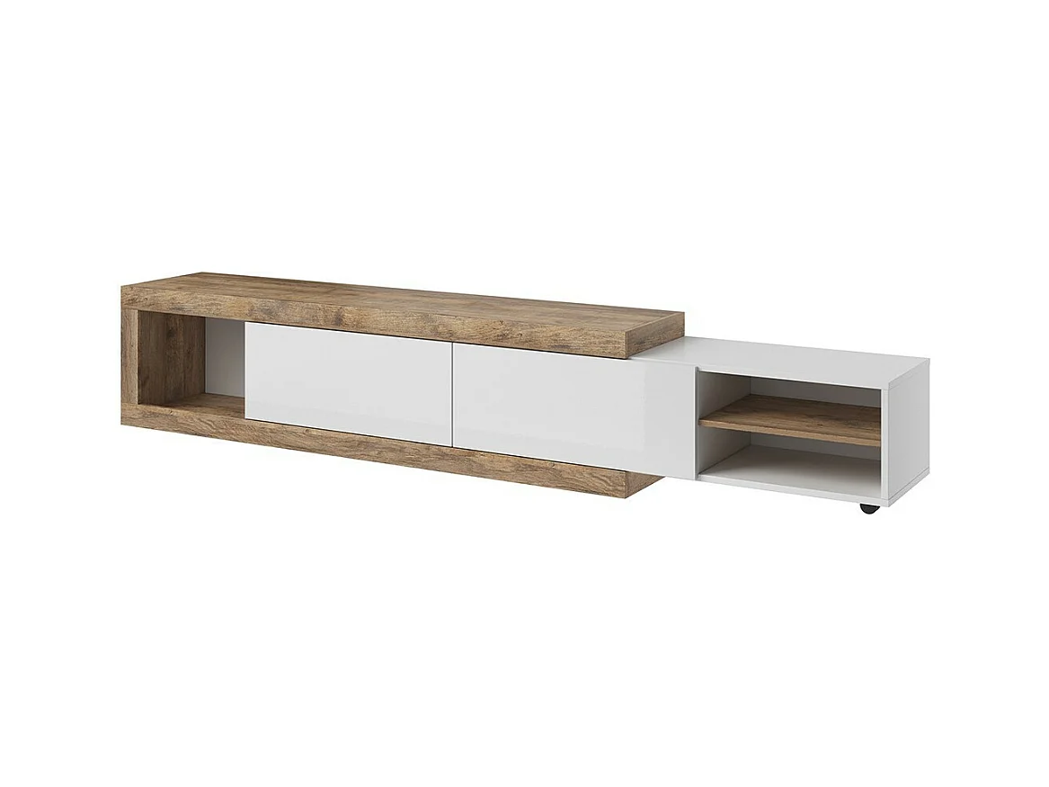 Mobile TV estensibile da 200 a 240 cm di colore rovere e bianco lucido, collezione SINATRA.