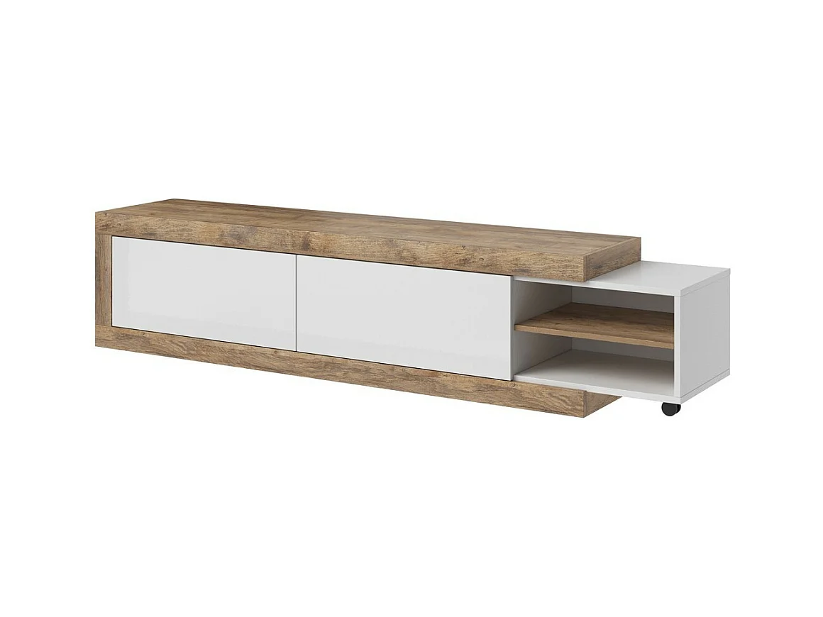 Meuble TV extensible SINATRA – Chêne et blanc brillant – 2 portes + niches – L200 à 240 x H43,4 x P40 cm