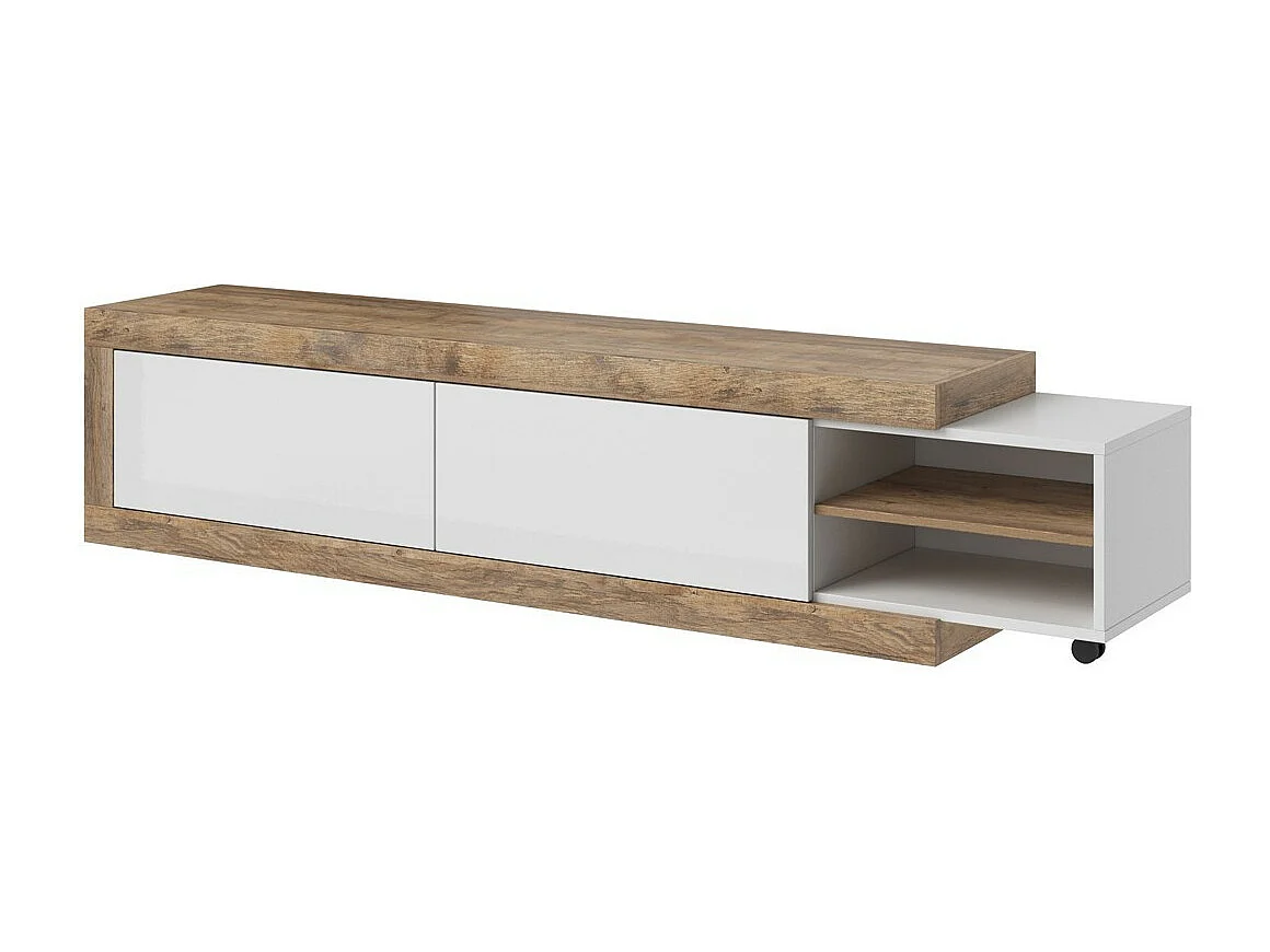 Uitschuifbaar tv-meubel van 200 tot 240 cm in eikenkleur en hoogglans wit, collectie SINATRA.