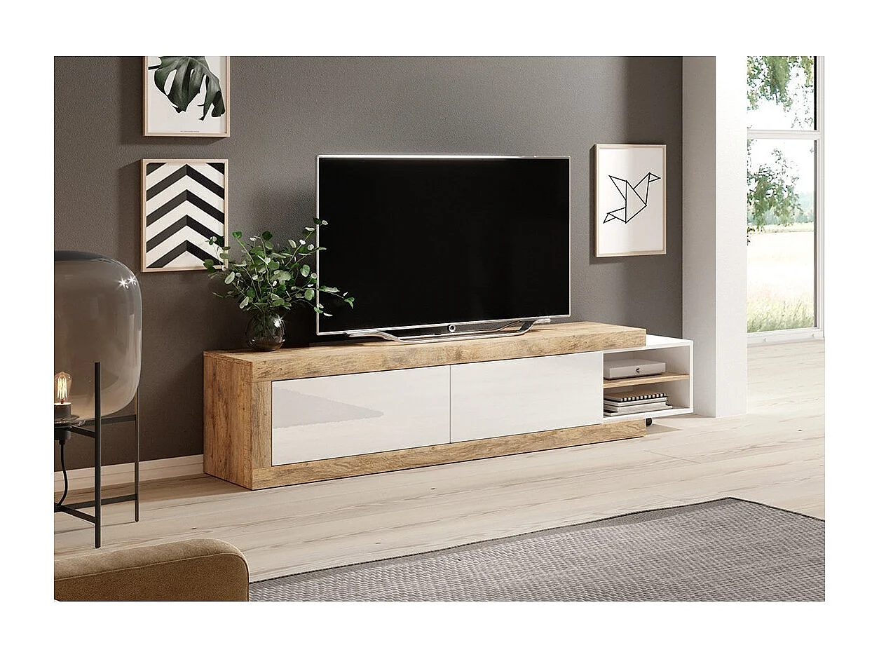 Uitschuifbaar tv-meubel van 200 tot 240 cm in eikenkleur en hoogglans wit, collectie SINATRA.