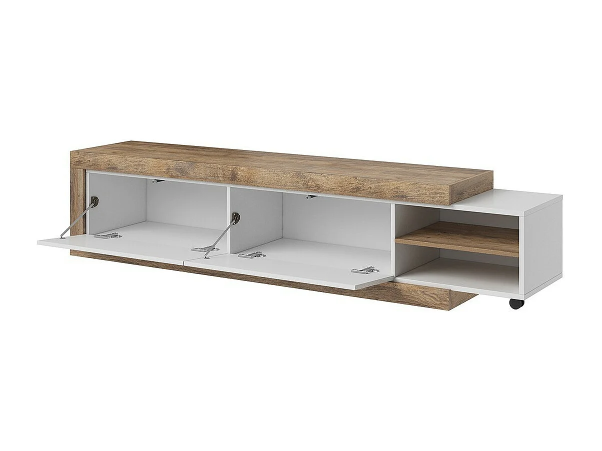 Uitschuifbaar tv-meubel van 200 tot 240 cm in eikenkleur en hoogglans wit, collectie SINATRA.