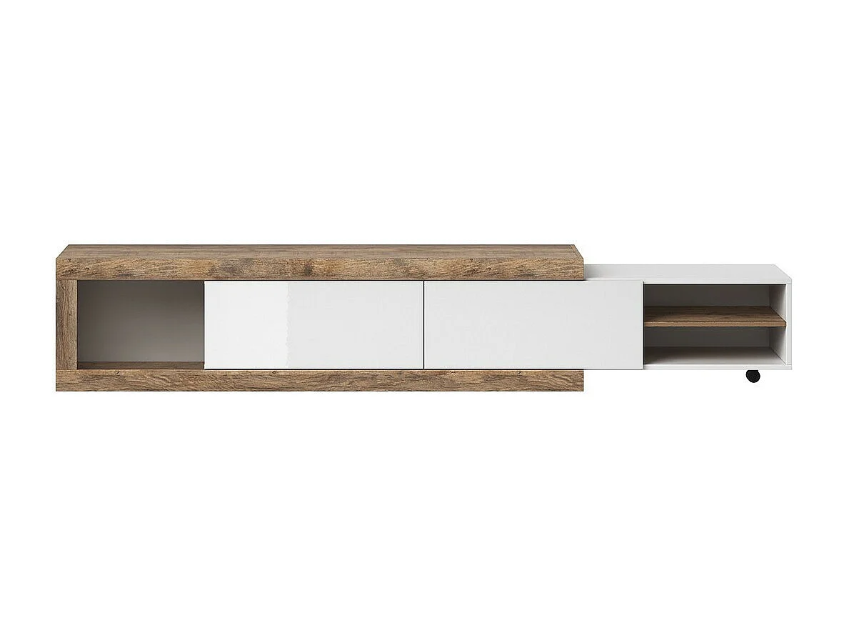 Uitschuifbaar tv-meubel van 200 tot 240 cm in eikenkleur en hoogglans wit, collectie SINATRA.
