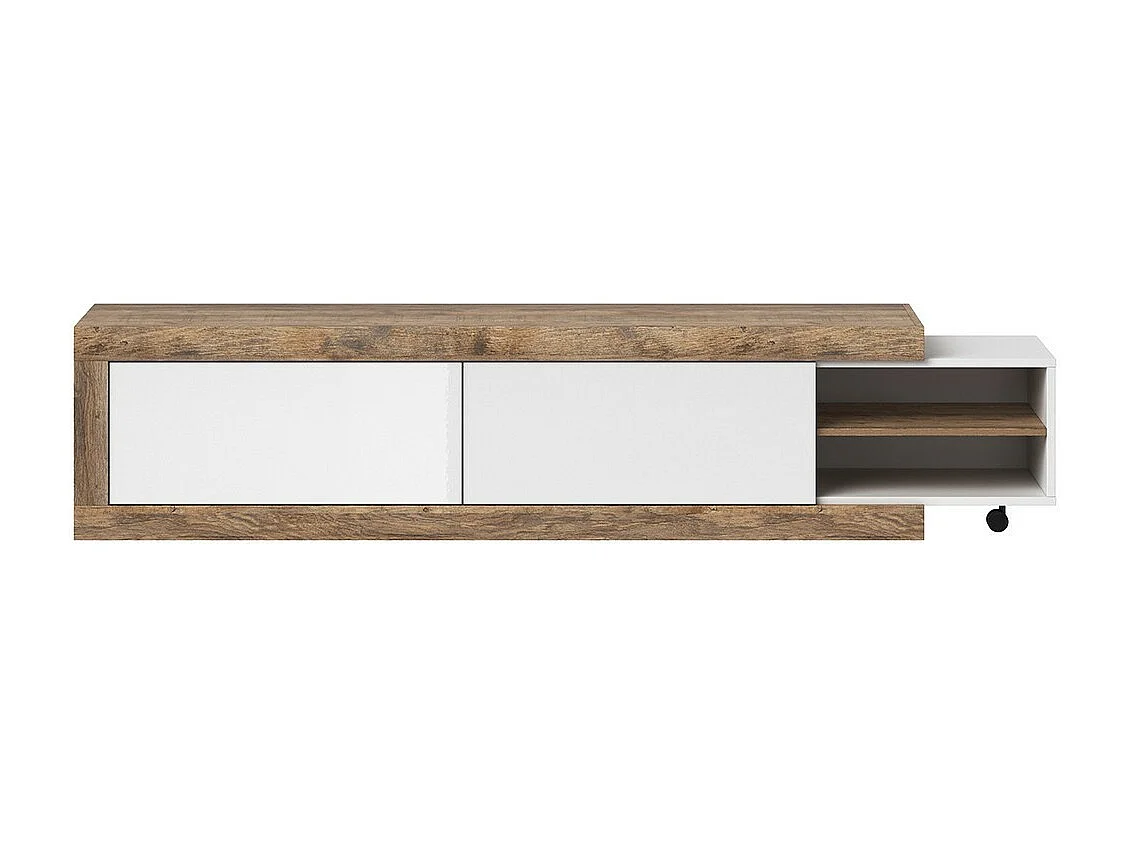 Uitschuifbaar tv-meubel van 200 tot 240 cm in eikenkleur en hoogglans wit, collectie SINATRA.