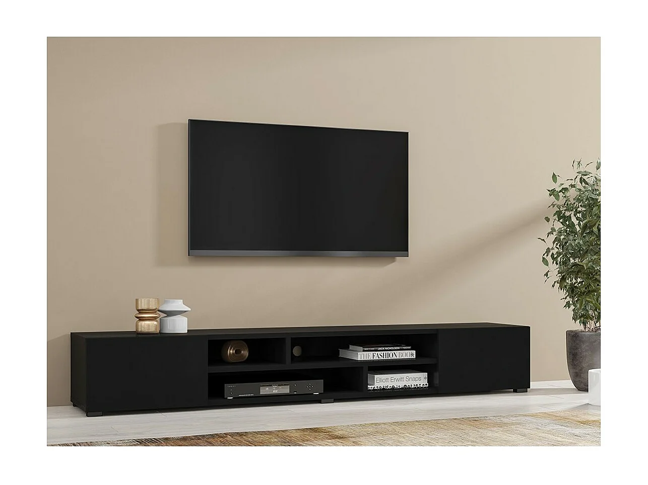 Meuble TV 210cm couleur noir collection KOBEE. Meuble à poser ou à suspendre.