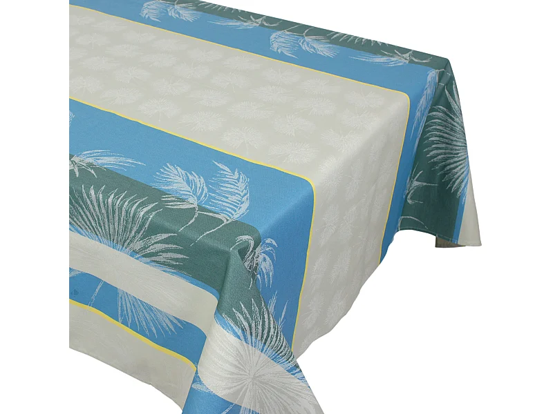 Nappe carrée 150x150 cm PALMIER bleu lagon Jacquard coton + enduction acrylique