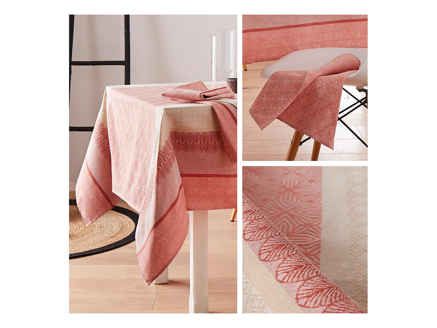 Nappe rectangle 150x350 cm Jacquard coton + enduction acrylique CHARLESTON rouge Corail