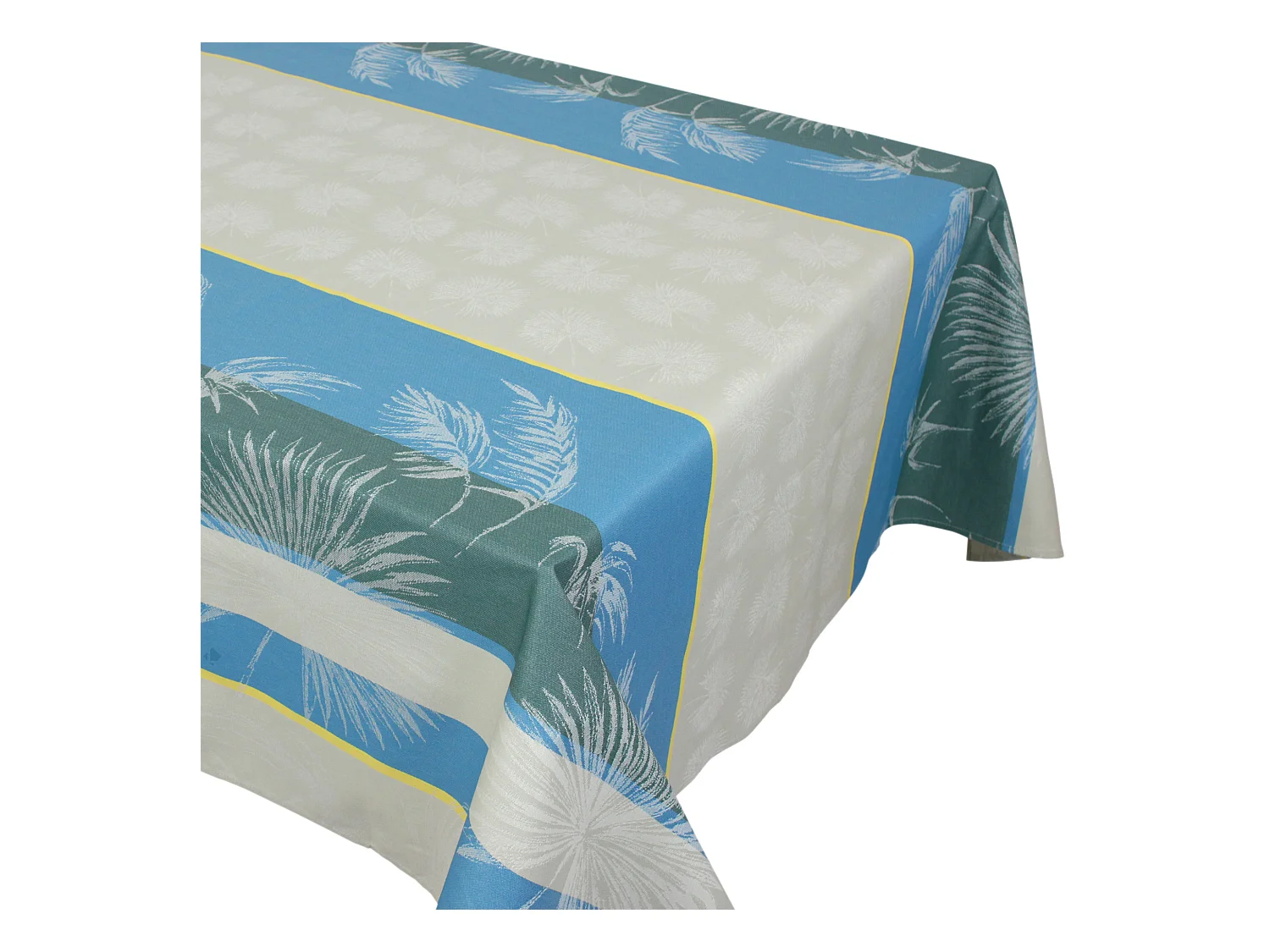 Nappe rectangle 150x300 cm PALMIER bleu lagon Jacquard coton + enduction acrylique