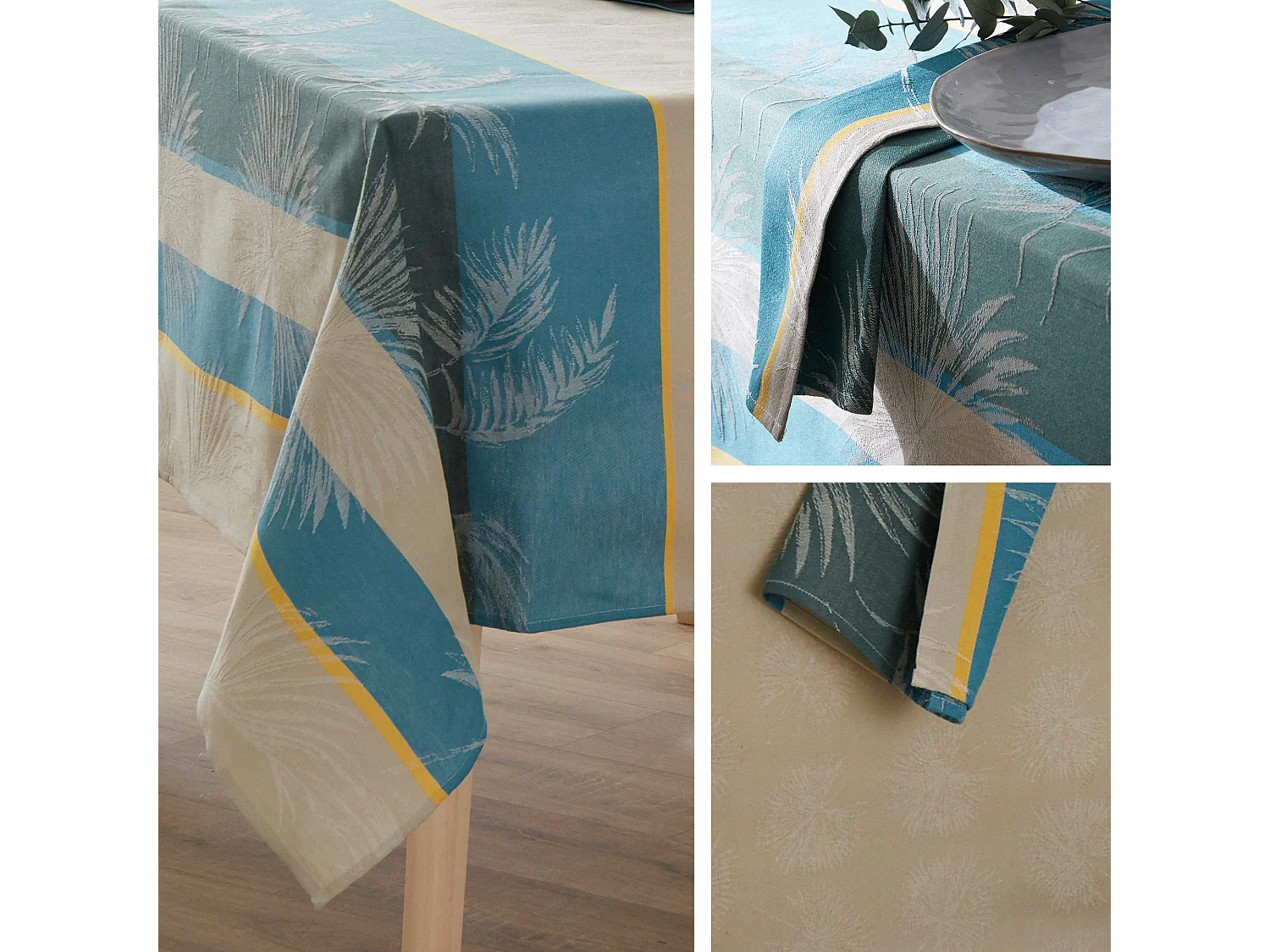 Nappe rectangle 150x350 cm PALMIER bleu lagon Jacquard coton + enduction acrylique