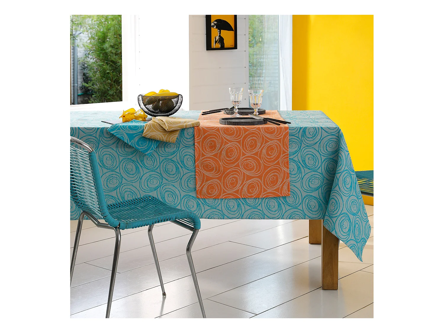 Nappe rectangle 150x350 cm Jacquard coton SPIRALE jaune citron