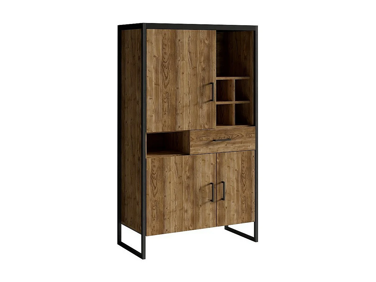 Vaisselier style industriel avec éclairage LED intégrée collection MILO. Coloris épicéa et noir.