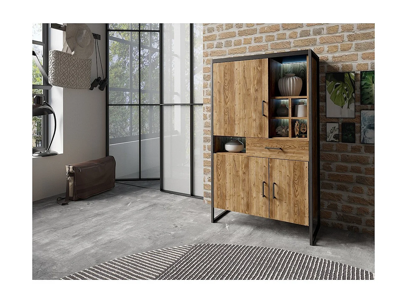 Vaisselier style industriel avec éclairage LED intégrée collection MILO. Coloris épicéa et noir.