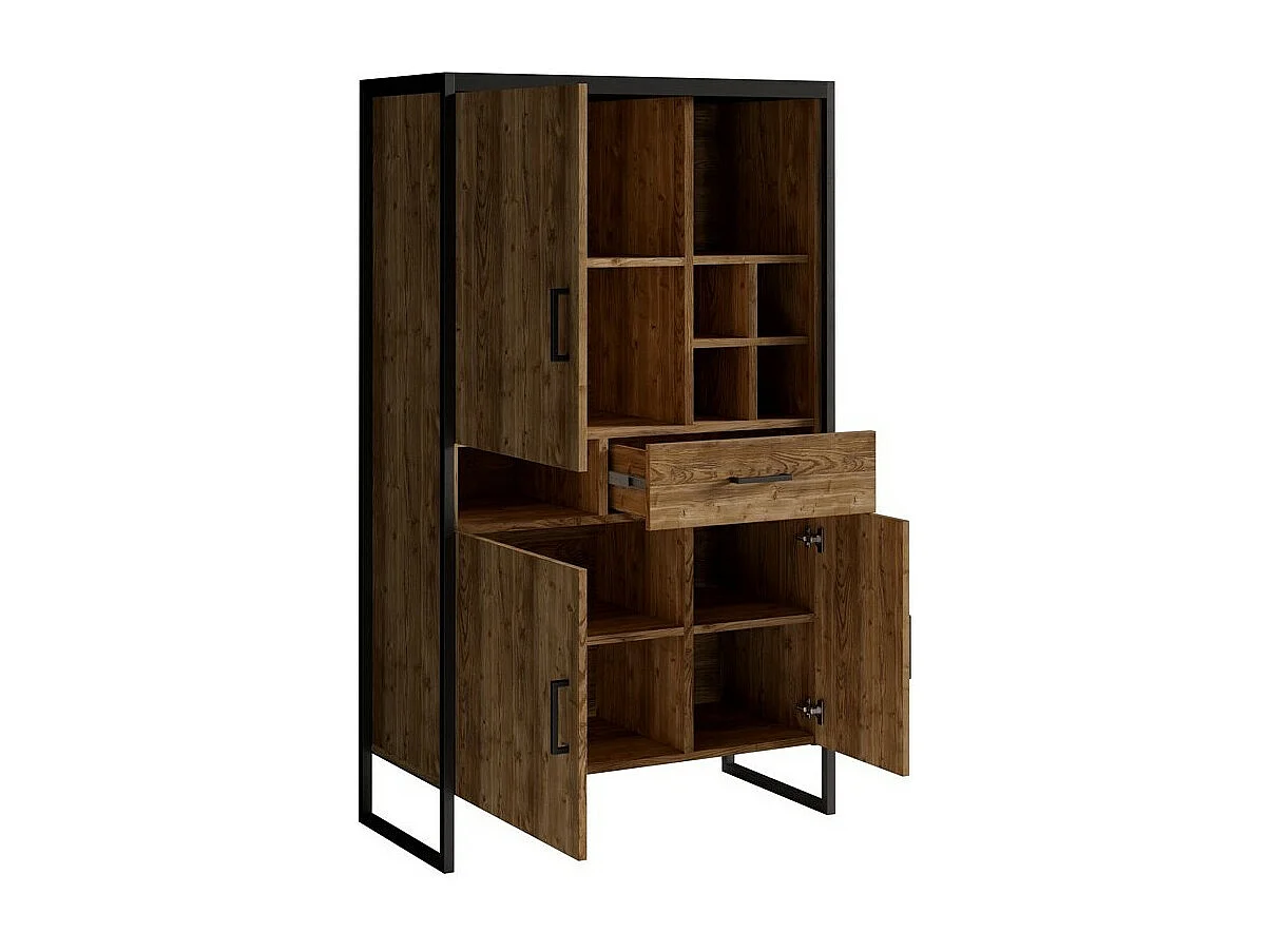 Vaisselier style industriel avec éclairage LED intégrée collection MILO. Coloris épicéa et noir.