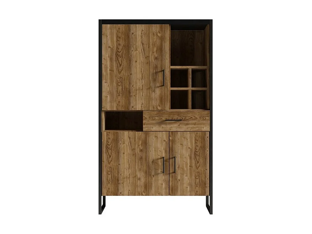 Vaisselier style industriel avec éclairage LED intégrée collection MILO. Coloris épicéa et noir.