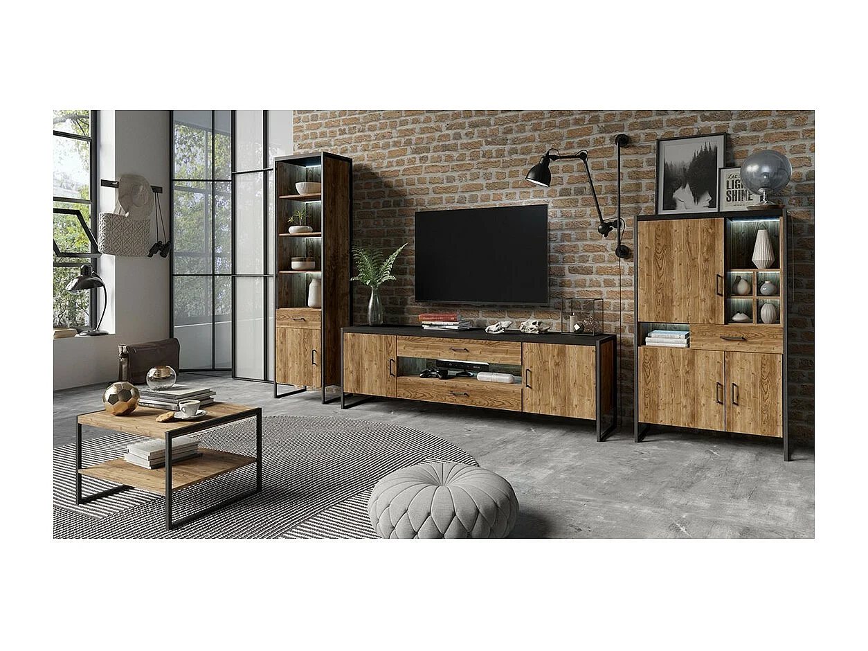 Vaisselier style industriel avec éclairage LED intégrée collection MILO. Coloris épicéa et noir.