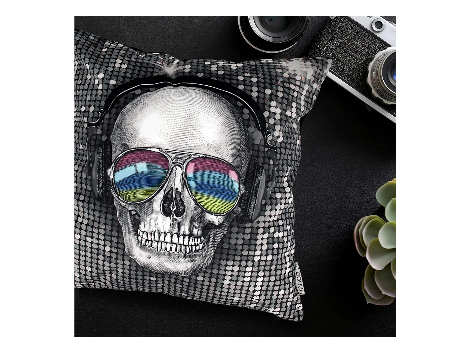 Housse de coussin 45x45 cm Tête de mort DJ disco