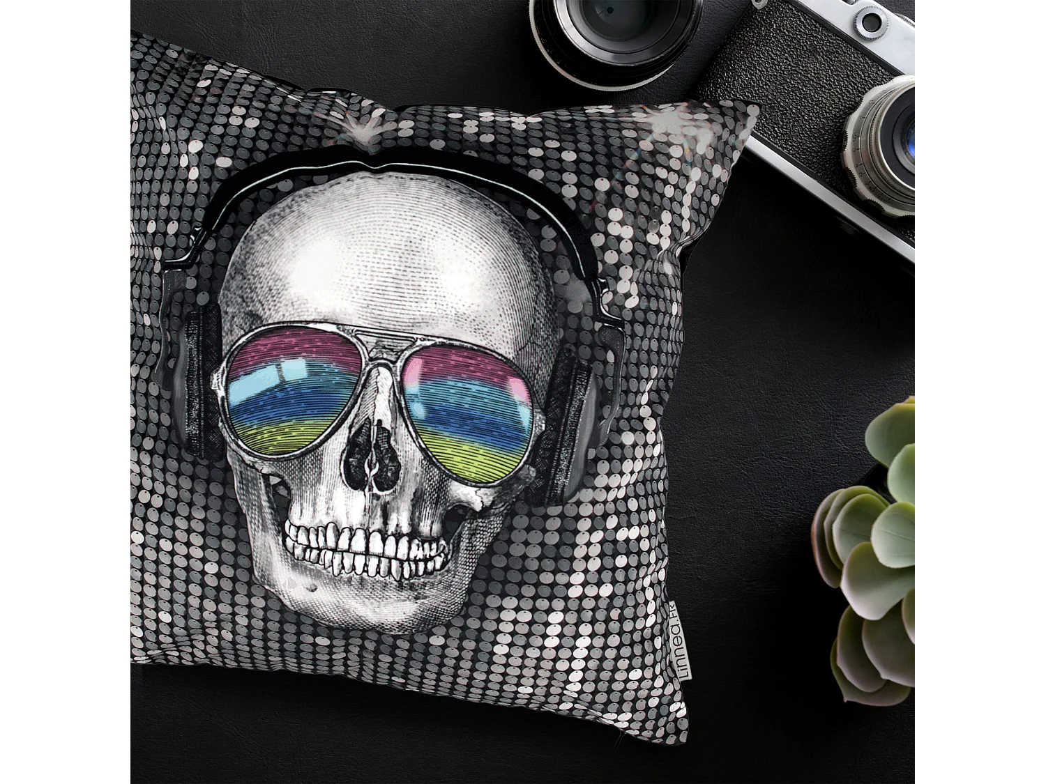 Housse de coussin 45x45 cm Tête de mort DJ disco