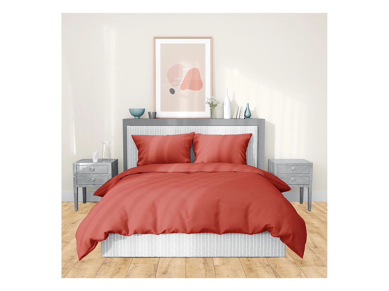 Parure de lit 260x240 cm satin de coton SAPRI rouge sienne 3 pièces