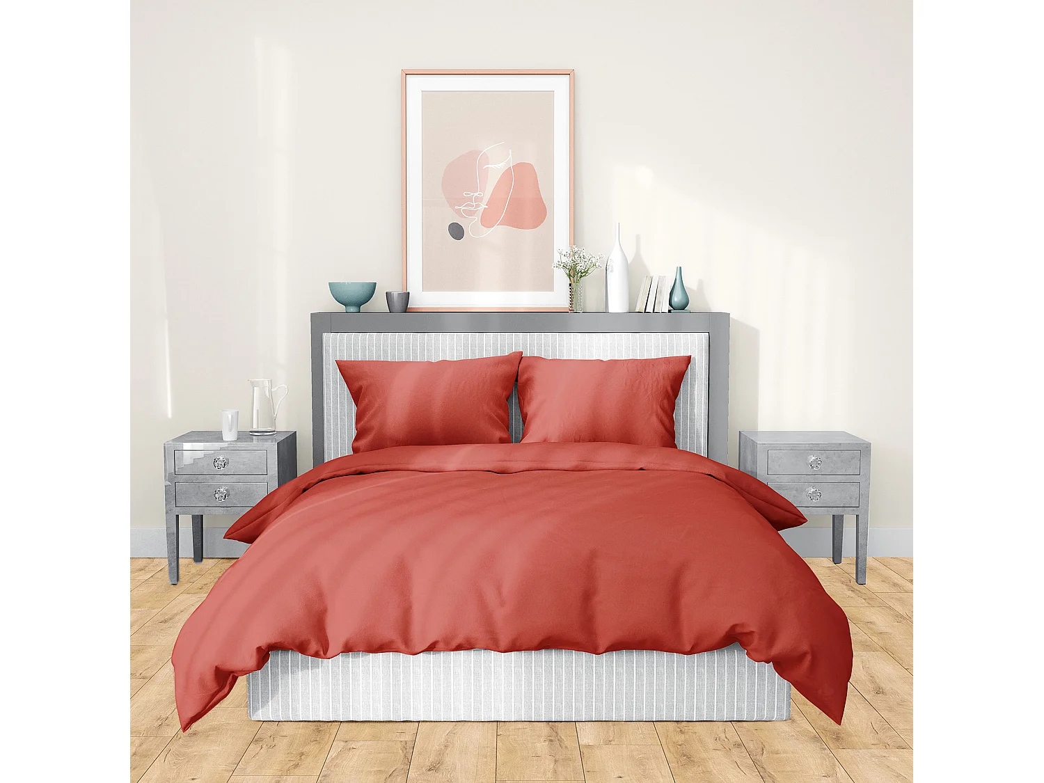 Parure de lit 260x240 cm satin de coton SAPRI rouge sienne 3 pièces
