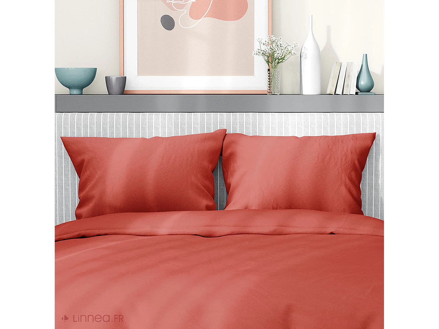 Parure de lit 260x240 cm satin de coton SAPRI rouge sienne 3 pièces