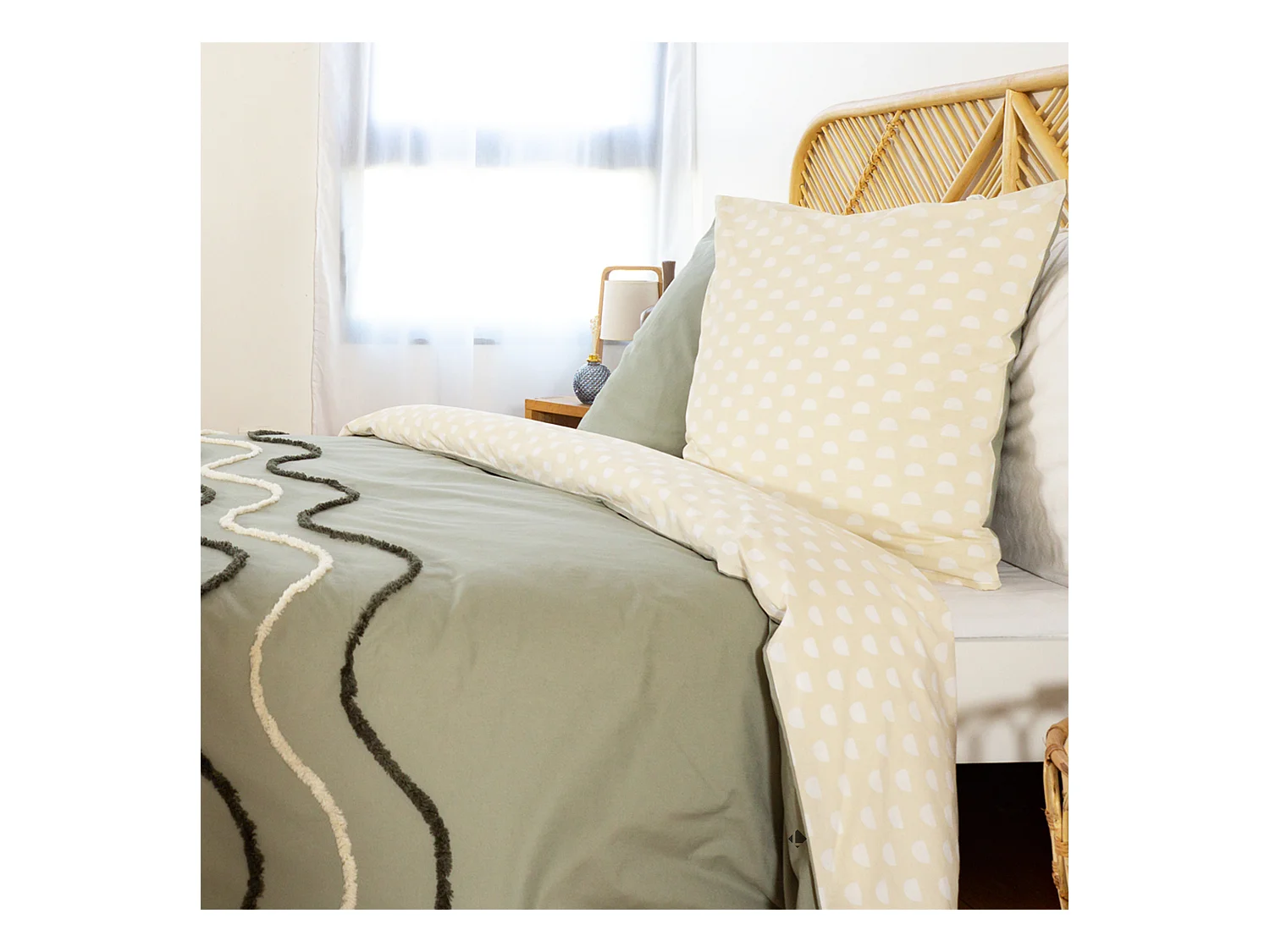 Parure de lit 260x240 cm coton BCI adouci LINEA Vert 3 pièces