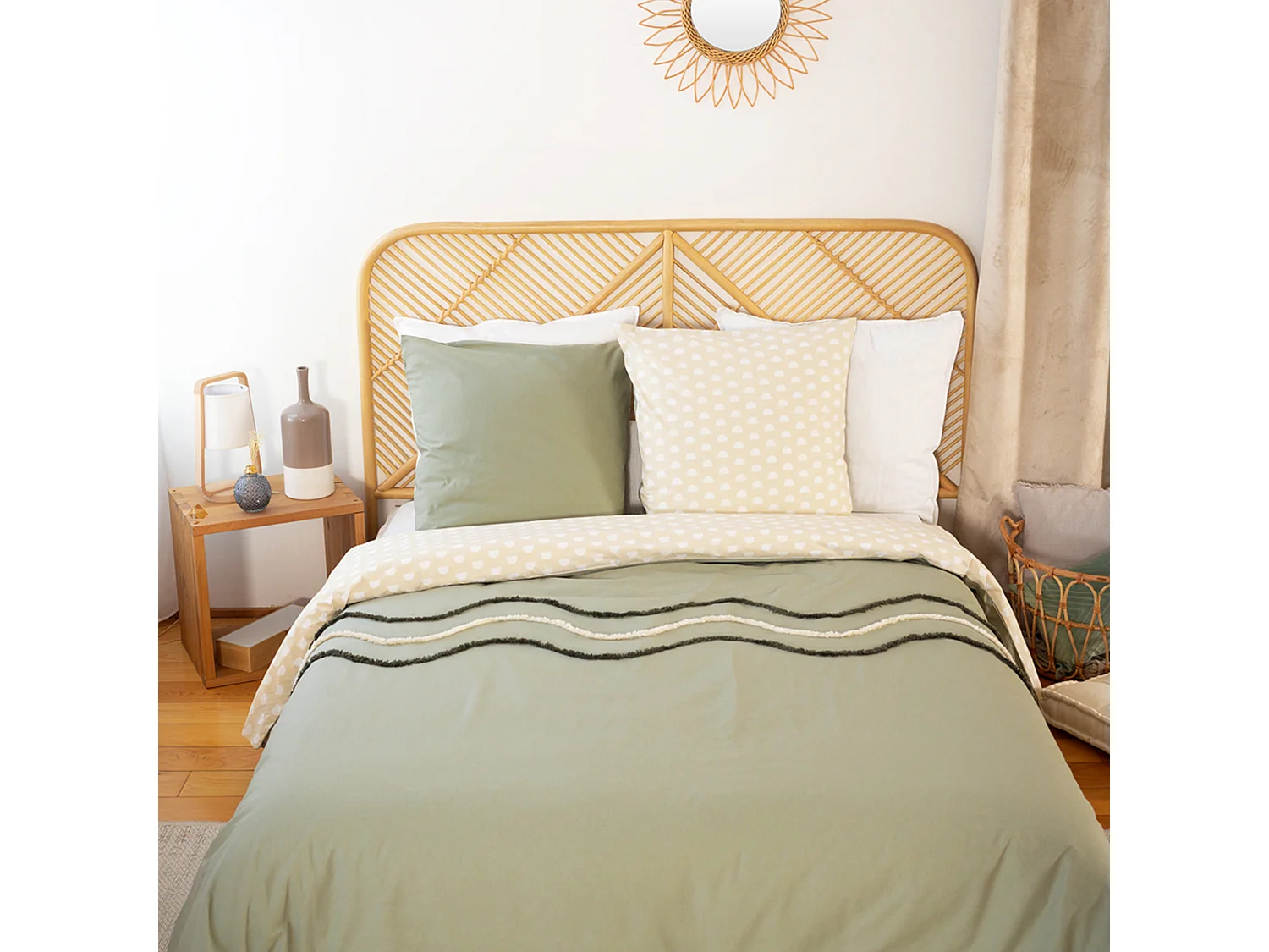 Parure de lit 260x240 cm coton BCI adouci LINEA Vert 3 pièces