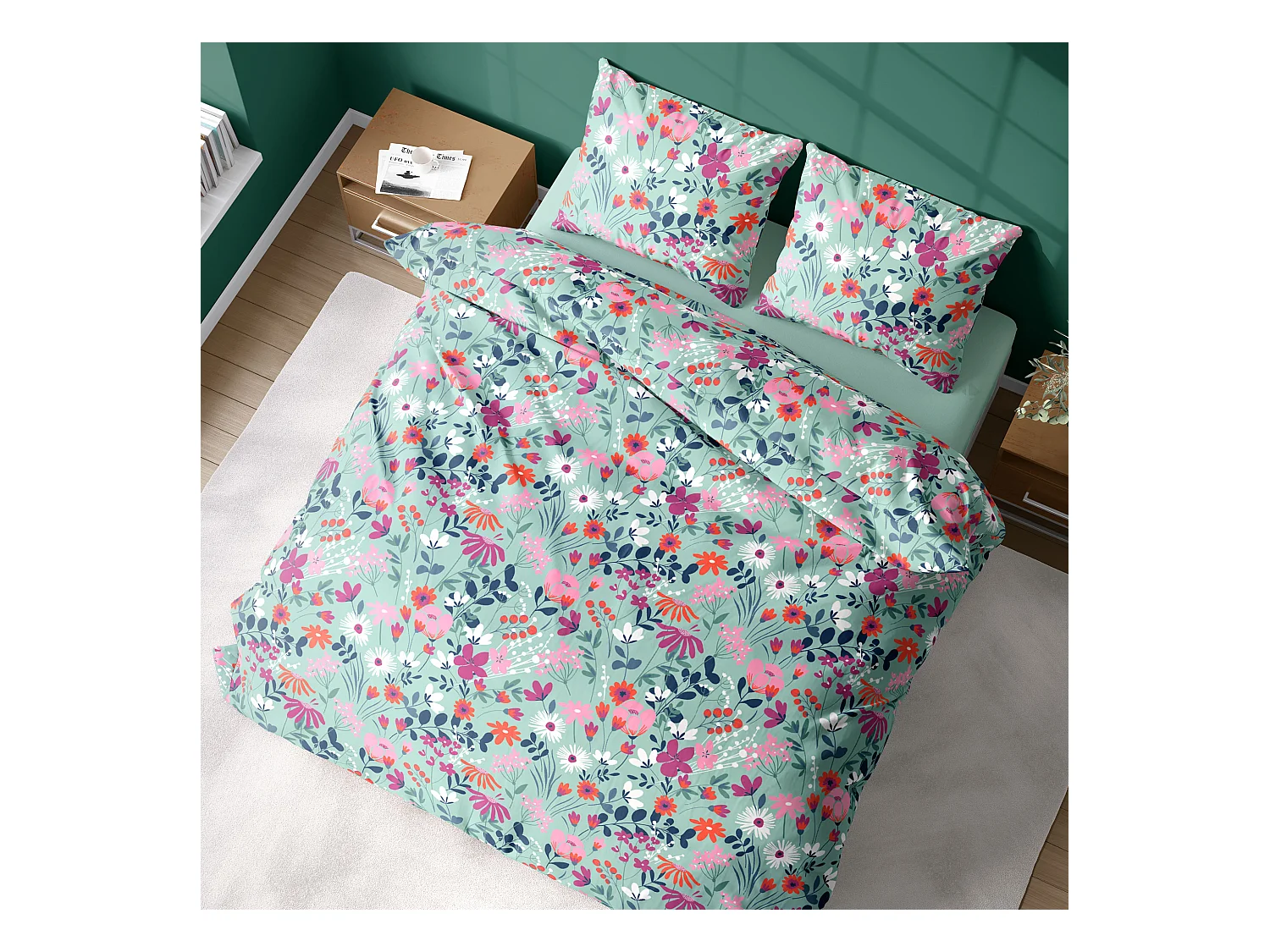 Parure de lit 260x240 cm coton biologique FLORE Bleu 3 pièces