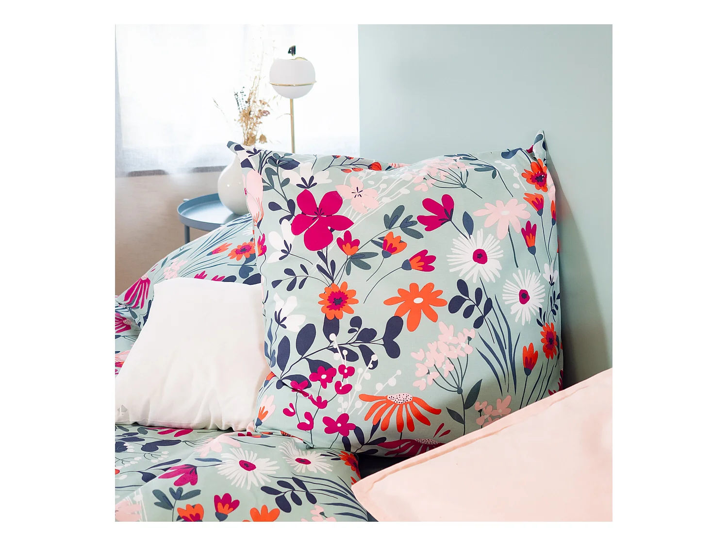 Parure de lit 260x240 cm coton biologique FLORE Bleu 3 pièces