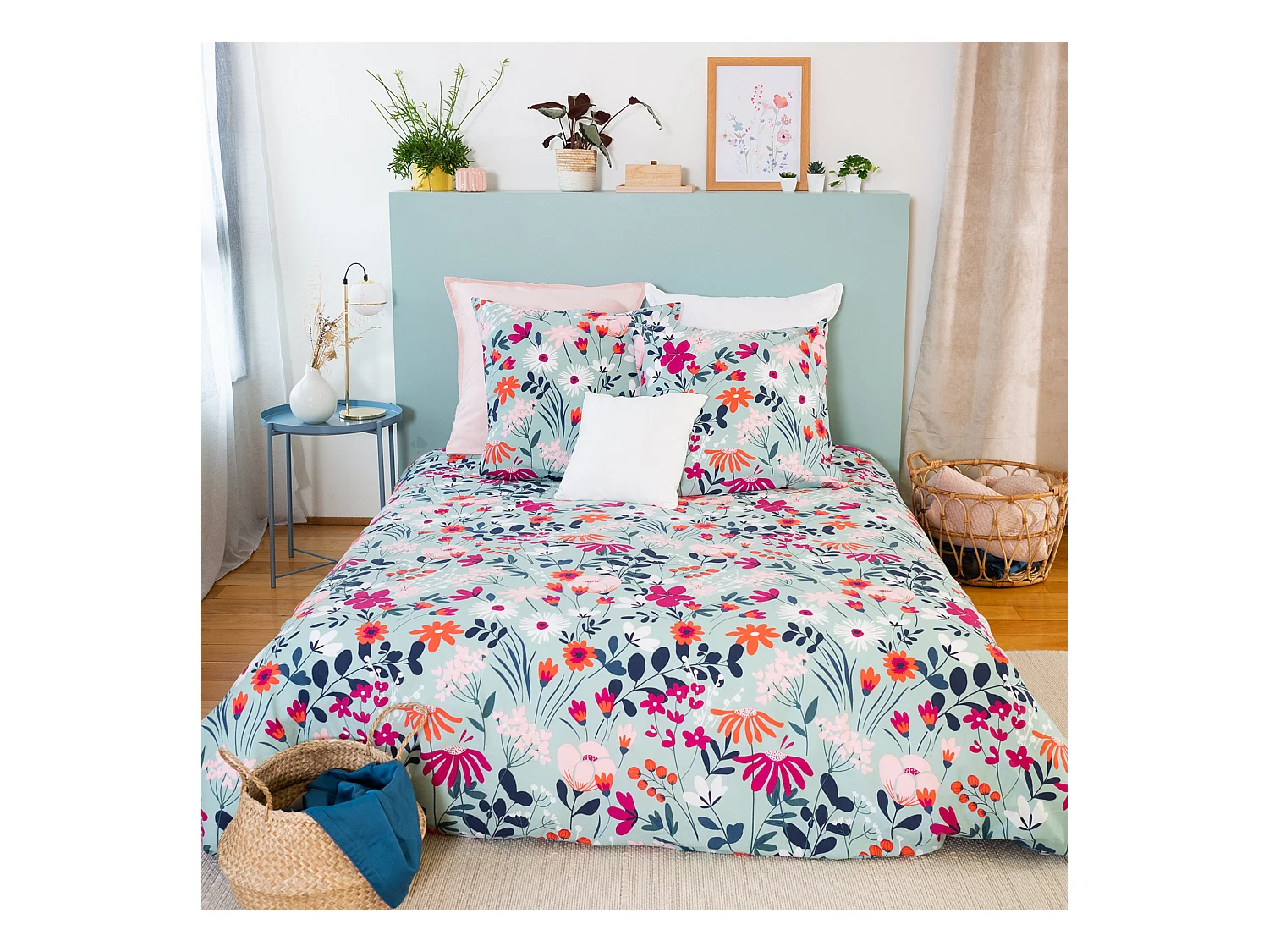 Parure de lit 260x240 cm coton biologique FLORE Bleu 3 pièces