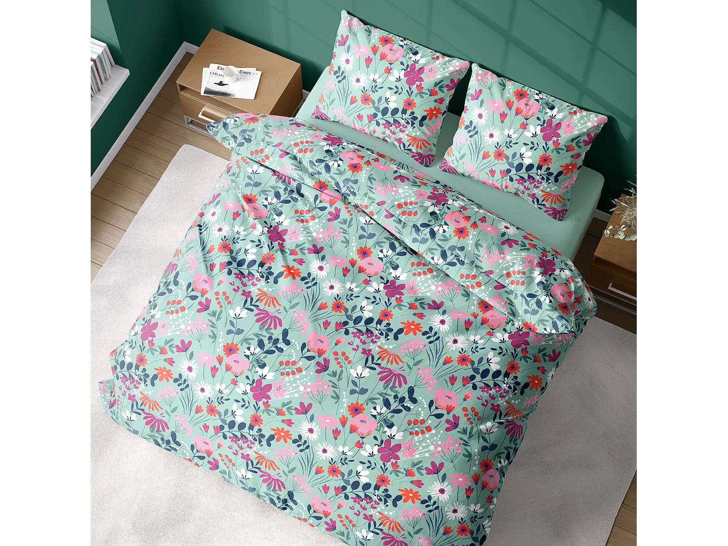 Parure de lit 260x240 cm coton biologique FLORE Bleu 3 pièces