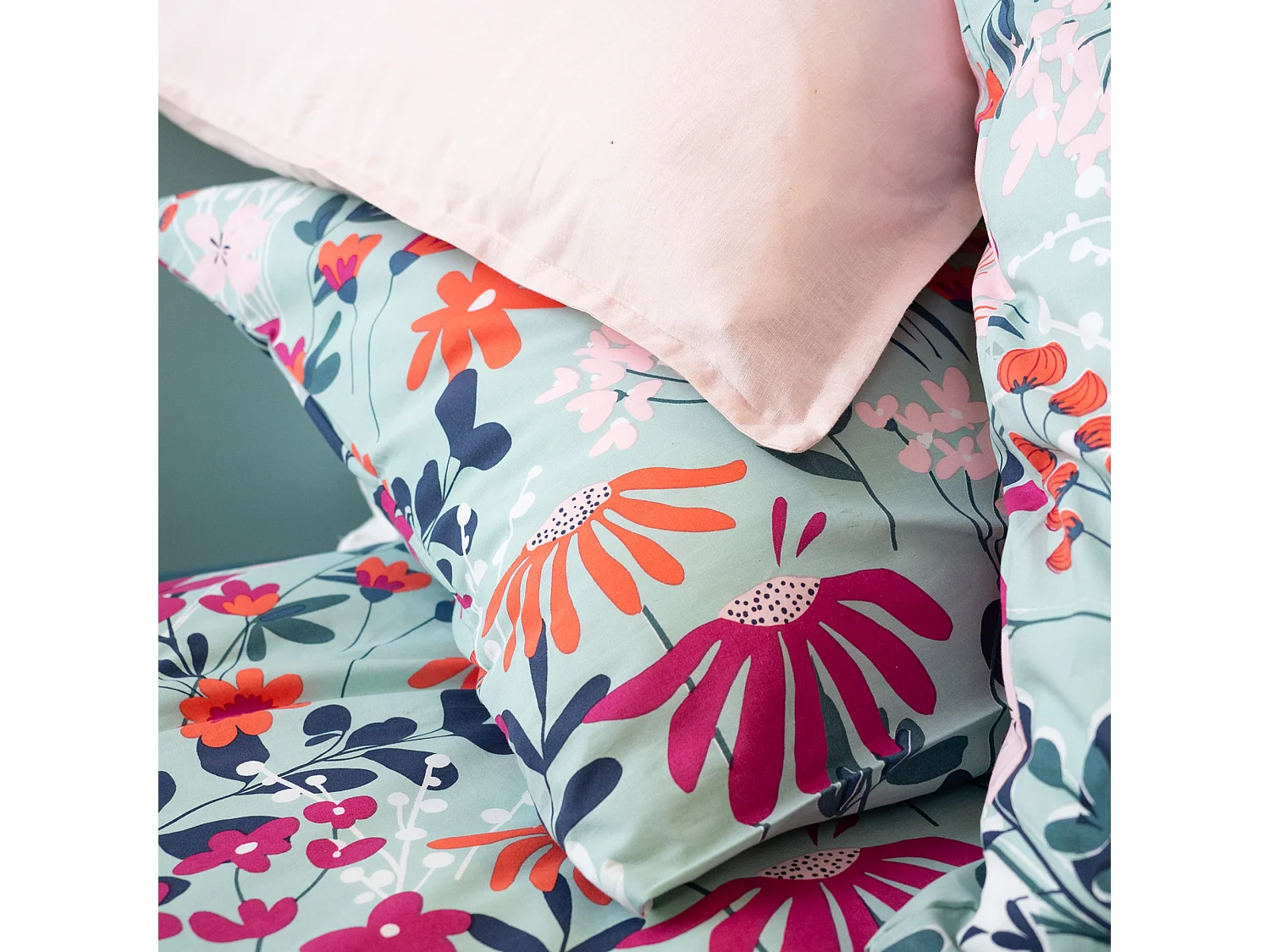 Parure de lit 260x240 cm coton biologique FLORE Bleu 3 pièces