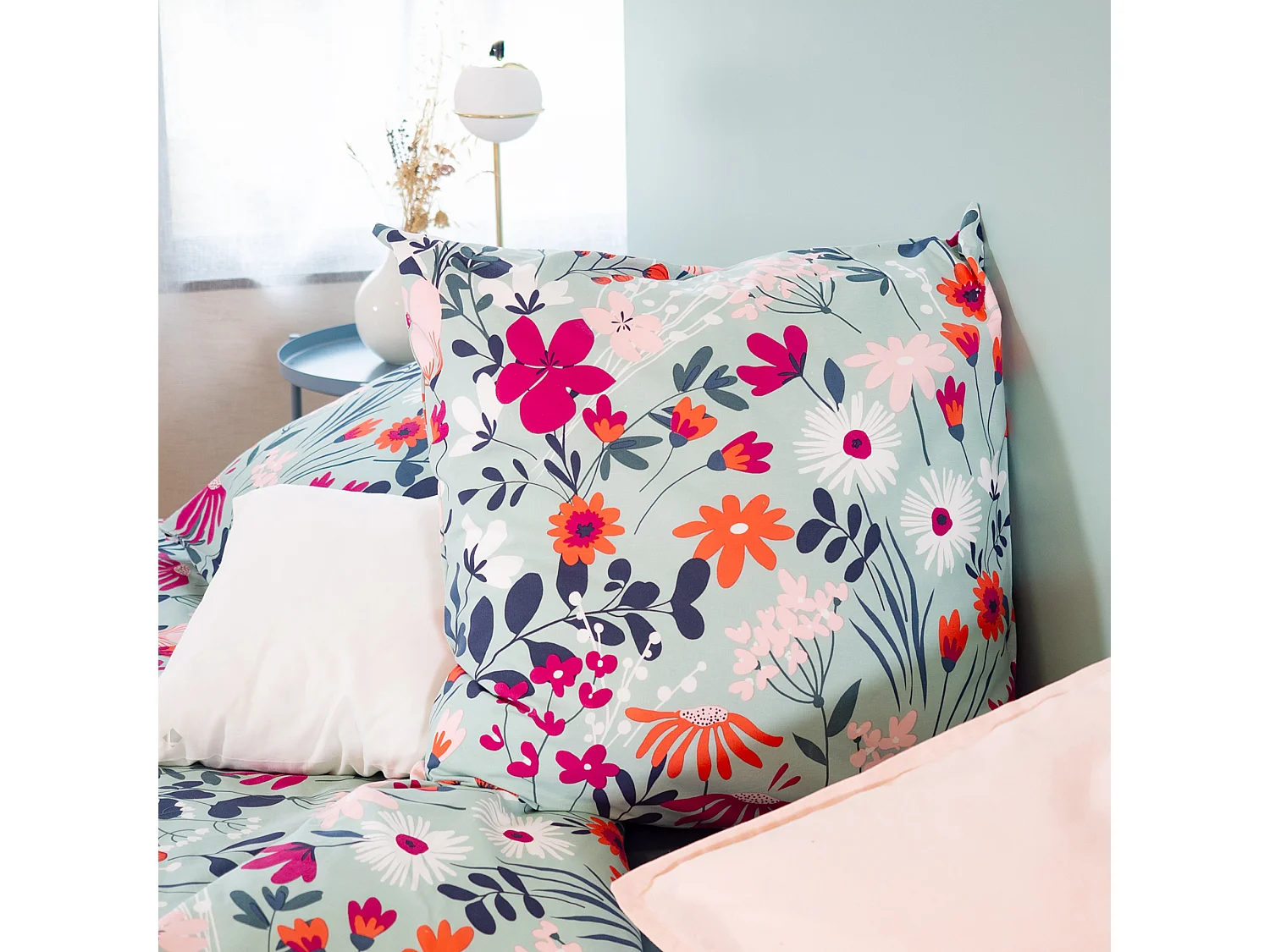 Parure de lit 260x240 cm coton biologique FLORE Bleu 3 pièces