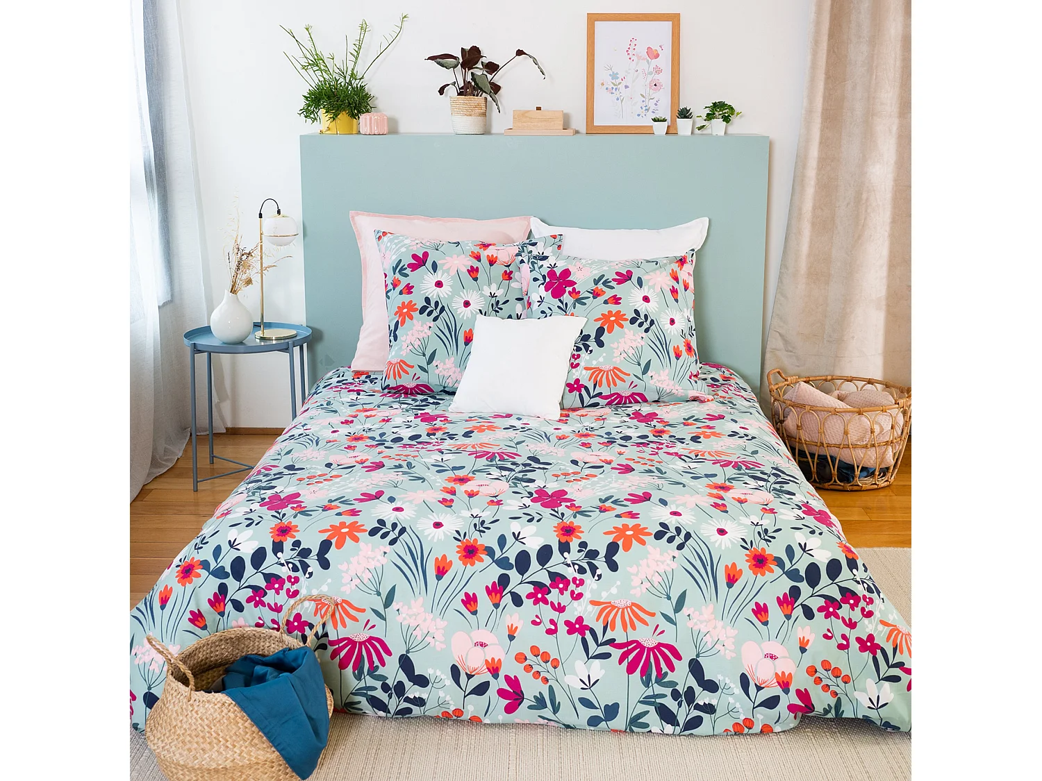 Parure de lit 260x240 cm coton biologique FLORE Bleu 3 pièces