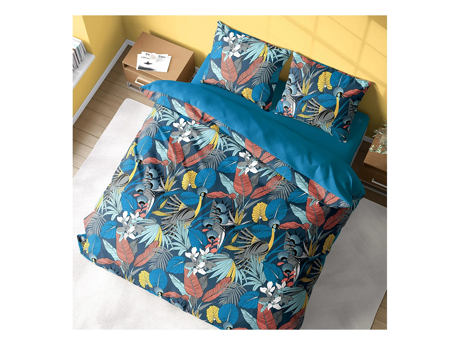 Parure de lit 240x220 cm satin de coton PARADE Bleu 3 pièces