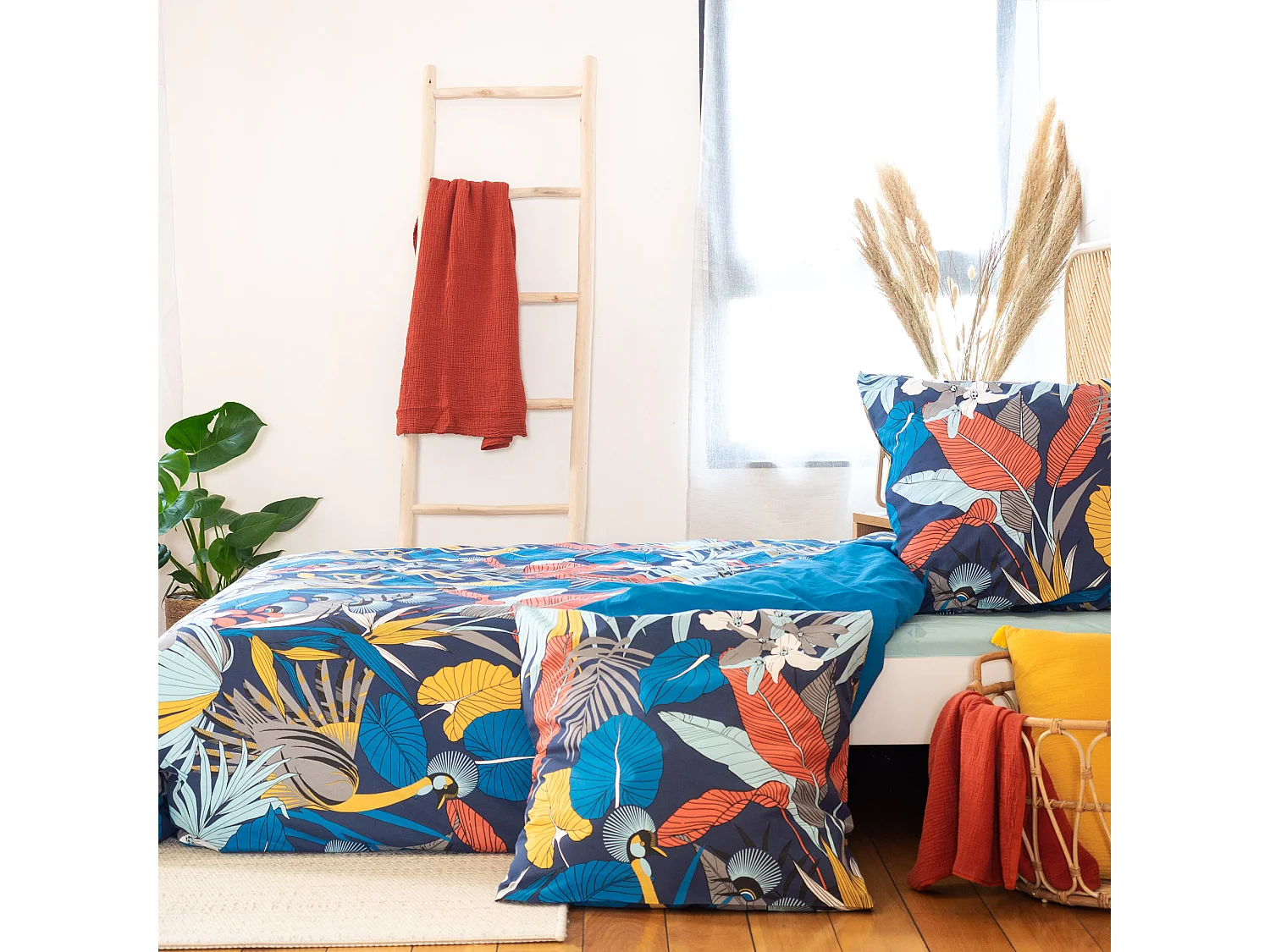 Parure de lit 240x220 cm satin de coton PARADE Bleu 3 pièces