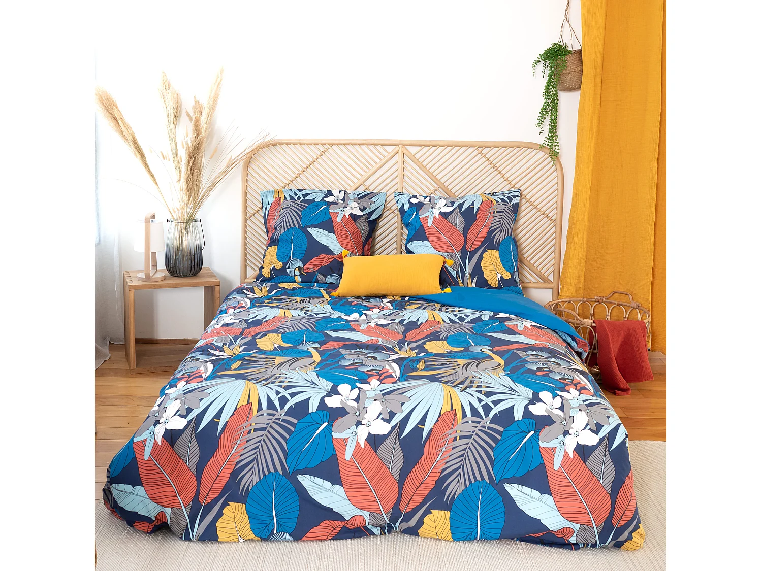 Parure de lit 240x220 cm satin de coton PARADE Bleu 3 pièces