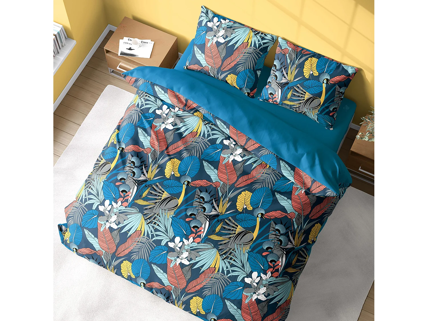 Parure de lit 240x220 cm satin de coton PARADE Bleu 3 pièces