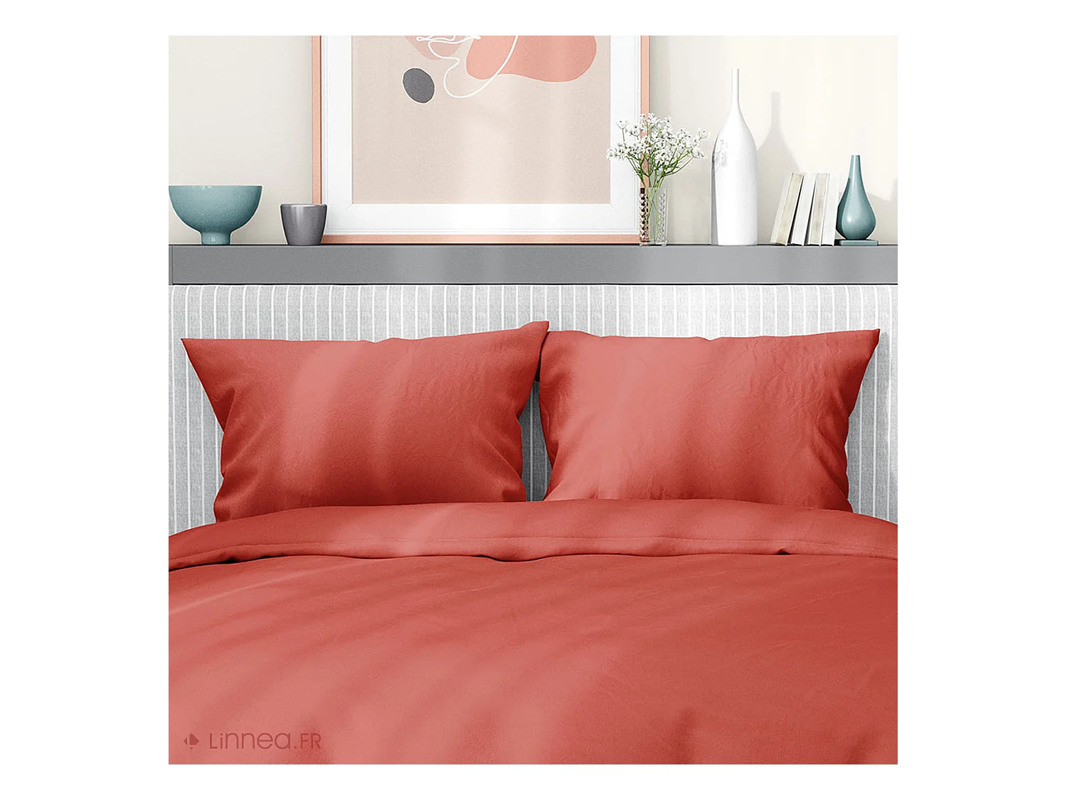 Parure de lit 240x220 cm satin de coton SAPRI rouge sienne 3 pièces