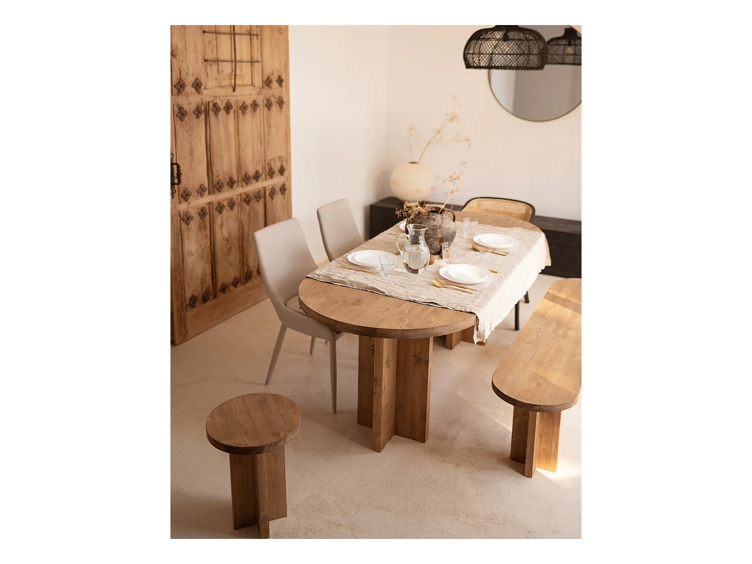 Mesa de comedor de madera maciza de abeto ovalada Decowood en tono roble oscuro de 200x85cm - TOKYO - DECOWOOD